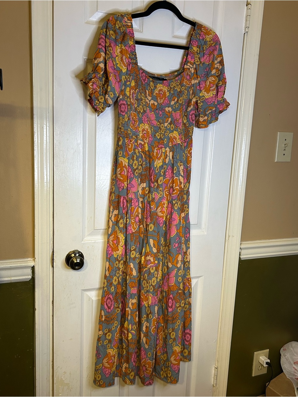 Smocked Floral Maxi Dress in Gray with Pink & Gold Floral Print